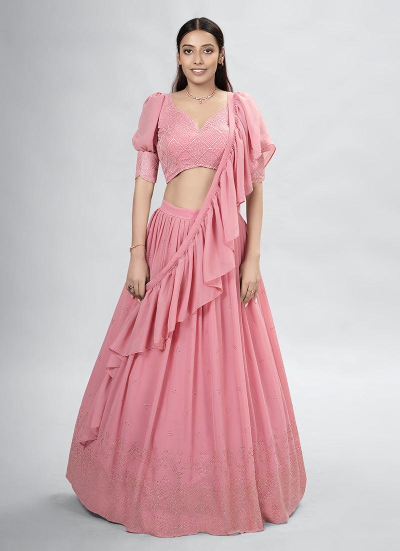 Puff Sleeves Mukaish Work Pastel Pink Lehenga