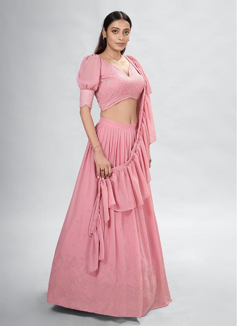 Puff Sleeves Mukaish Work Pastel Pink Lehenga