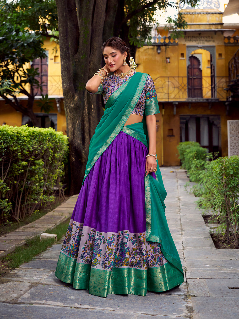 Purple astha silk printed zari weaving lehenga choli with georgette dupatta