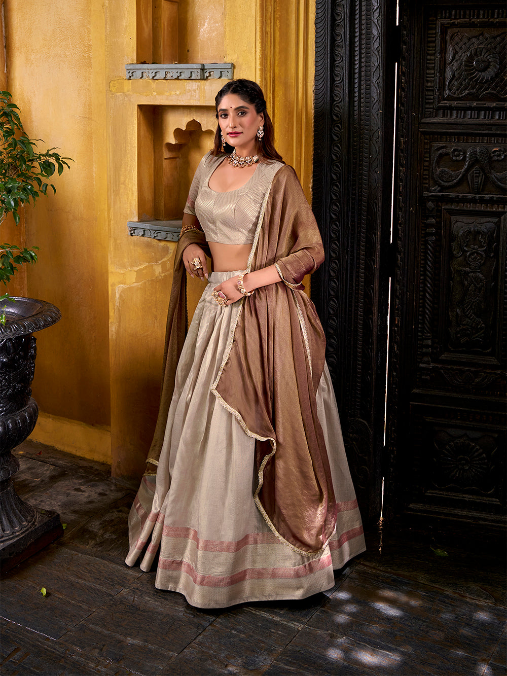 Cream dupion silk lehenga choli with zari weaving border shimmer lace dupatta