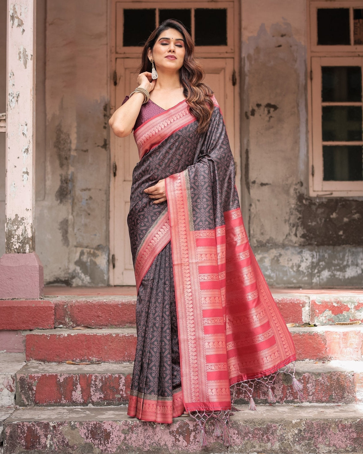 Black Banarasi Silk Saree with Intricate Pink Zari Border & Traditional Motifs