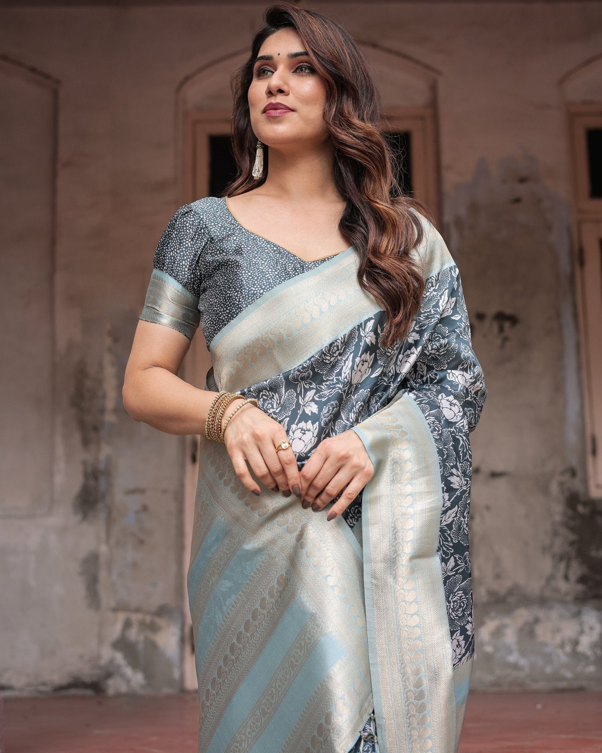 Sophisticated Floral Banarasi Silk Saree with Light Blue Zari Border