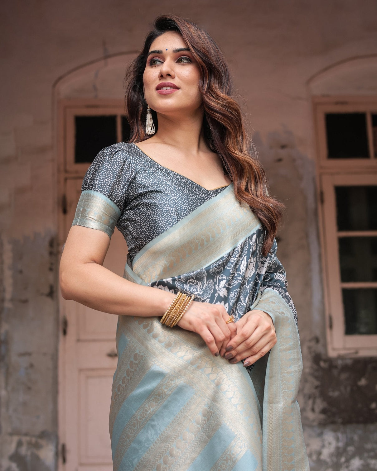 Sophisticated Floral Banarasi Silk Saree with Light Blue Zari Border