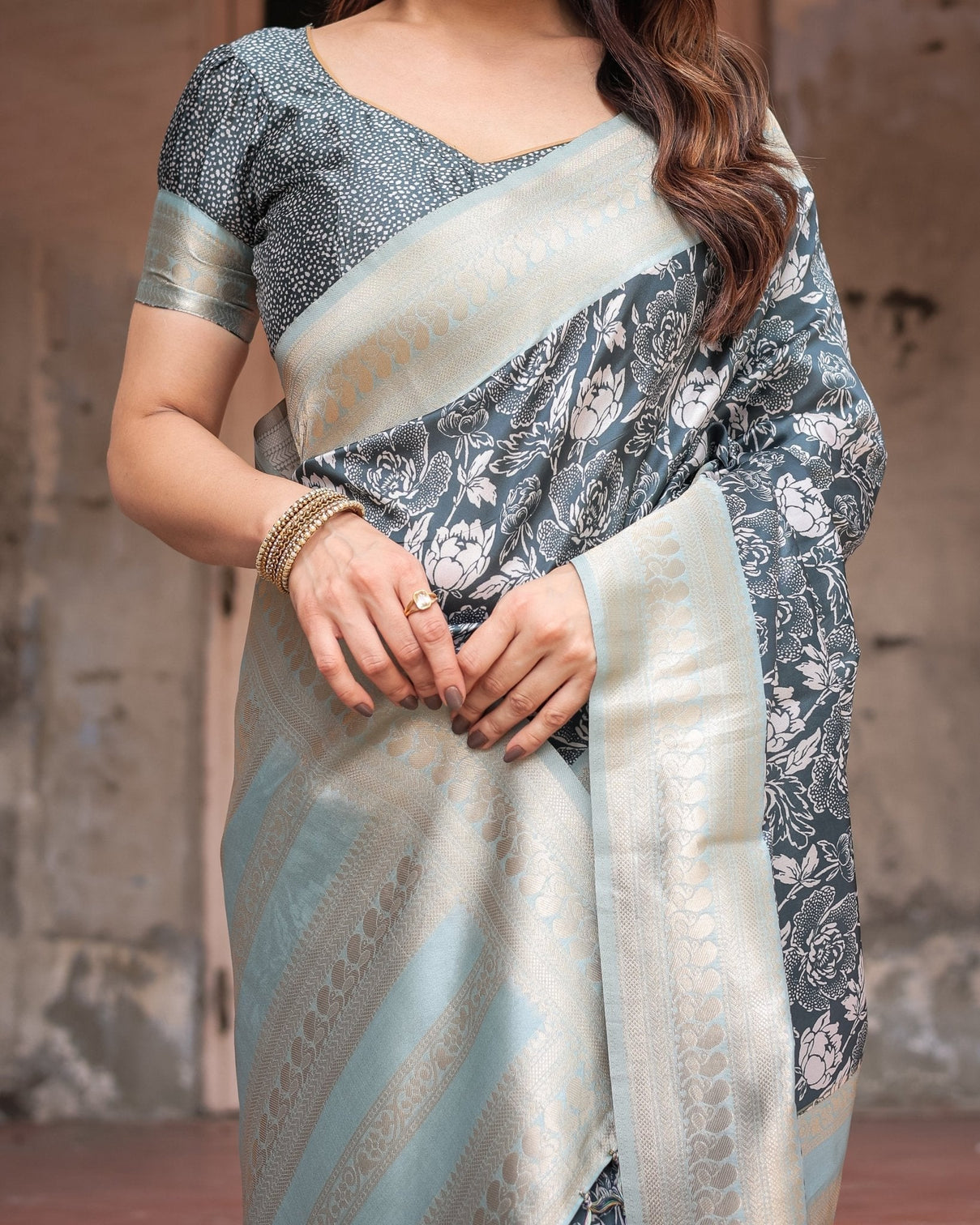 Sophisticated Floral Banarasi Silk Saree with Light Blue Zari Border