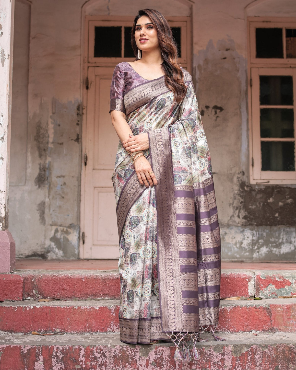 Regal Purple Banarasi Silk Saree with Digital Print and Ornate Border