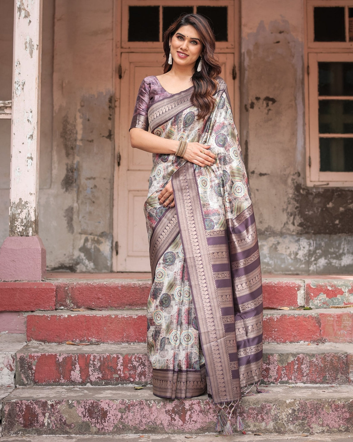Regal Purple Banarasi Silk Saree with Digital Print and Ornate Border