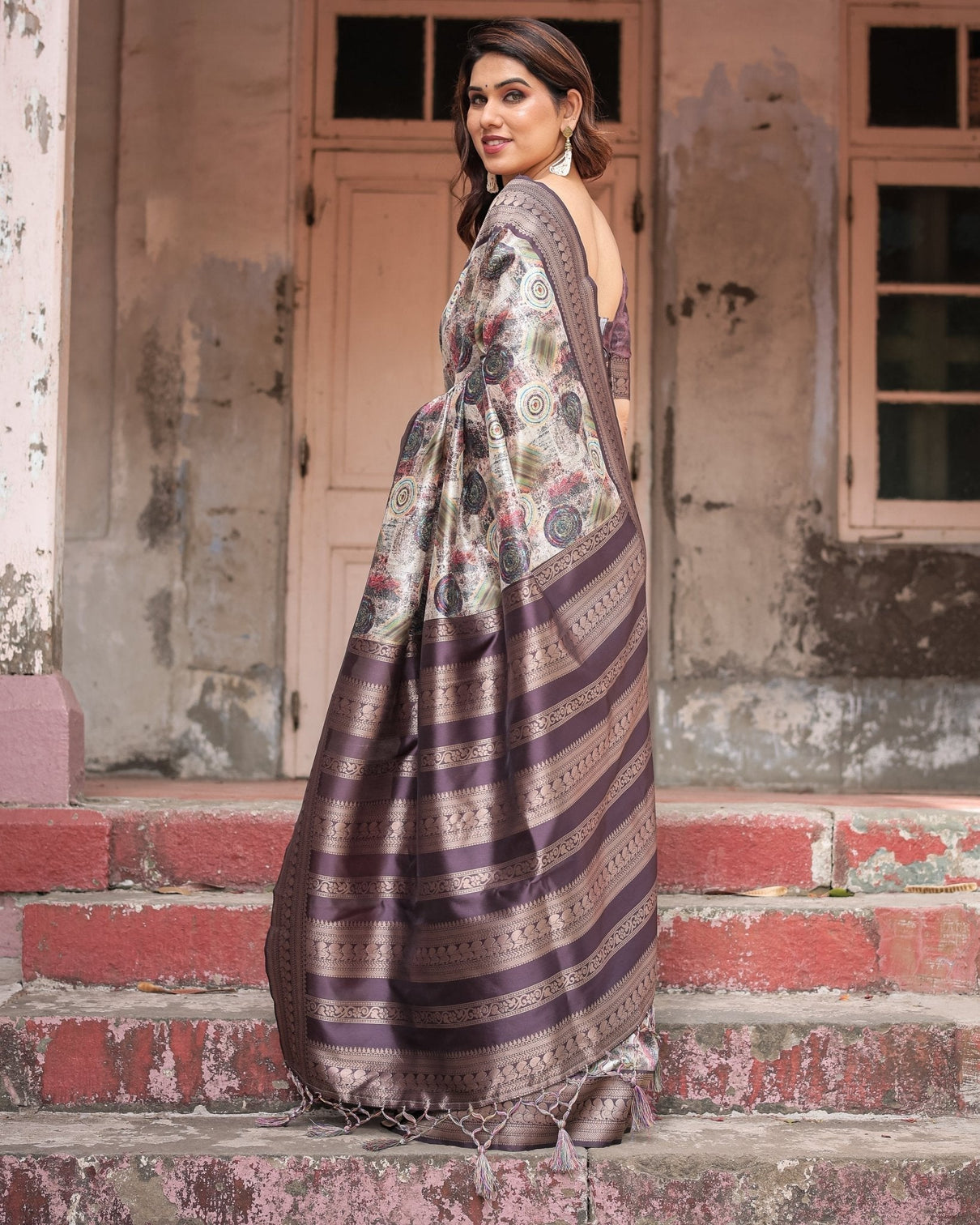 Regal Purple Banarasi Silk Saree with Digital Print and Ornate Border