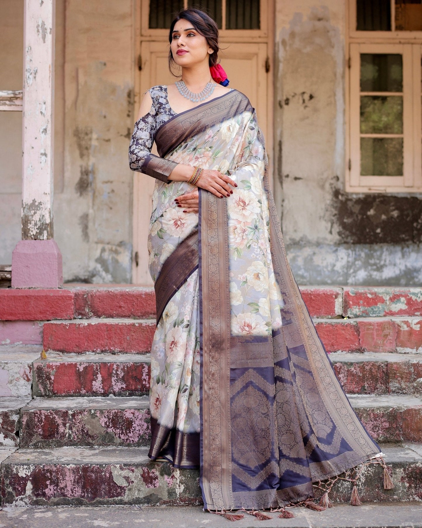 Elegant Gray Banarasi Silk Saree with Navy Blue Zari Weave, Floral Design, and Tassels