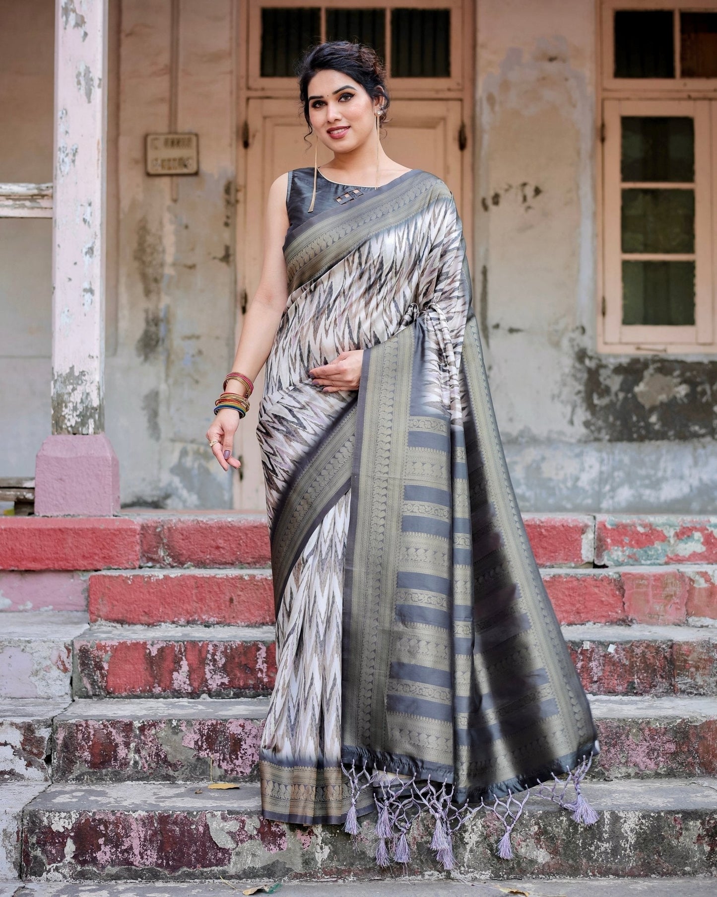 Elegant Banarasi Silk Saree with Zari Weaving and Tassels in Shades of Grey and Black