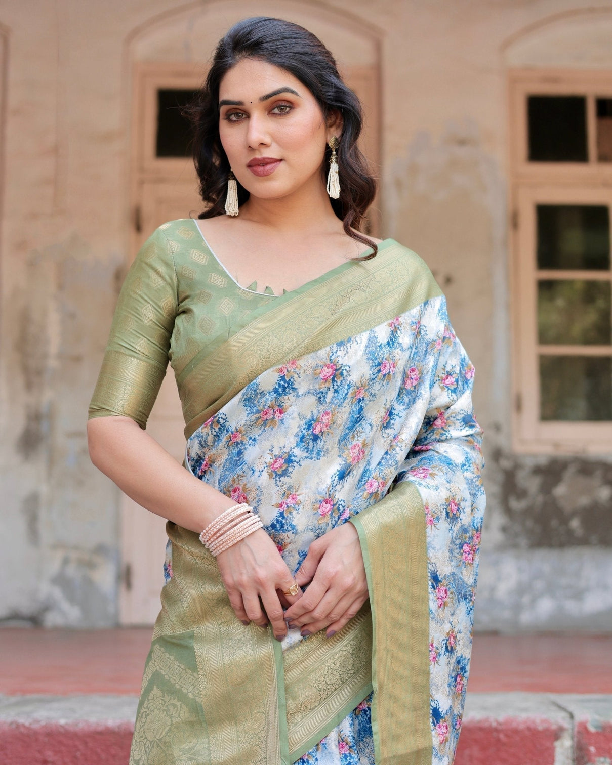 Blue and Green Floral Digital Print Banarasi Silk Saree with Zari Weave and Tassel-Embellished Pallu