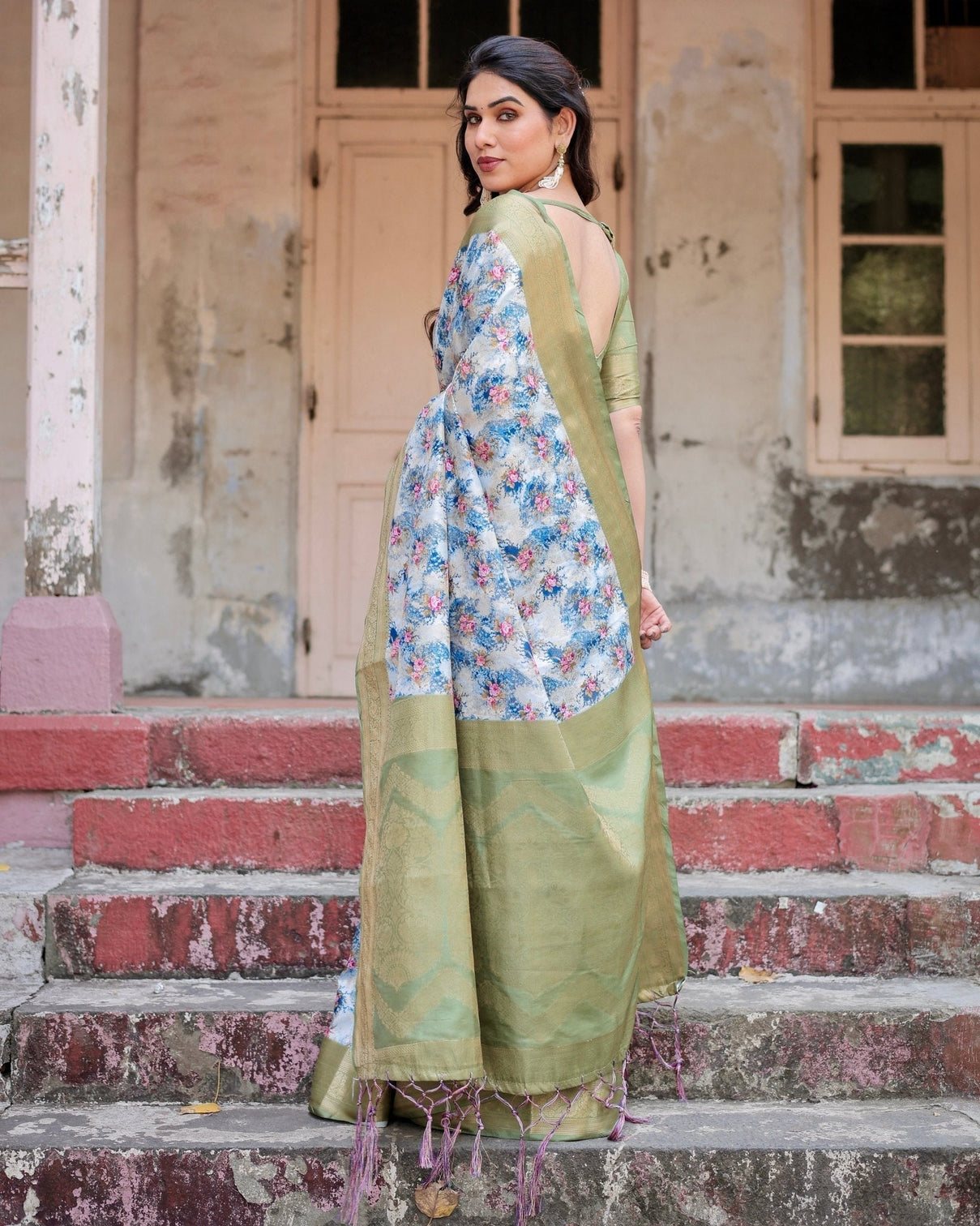 Blue and Green Floral Digital Print Banarasi Silk Saree with Zari Weave and Tassel-Embellished Pallu