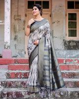 Elegant Banarasi Silk Saree with Zari Weaving and Tassels in Shades of Grey and Black