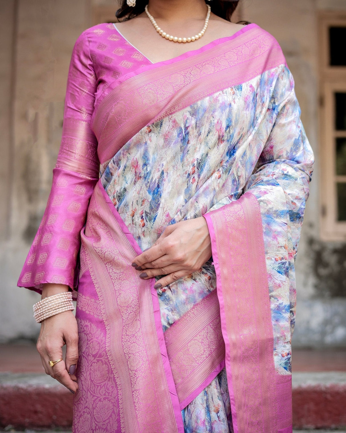 White and Pink Floral Digital Print Banarasi Silk Saree with Zari Weave and Tassel-Embellished Pallu