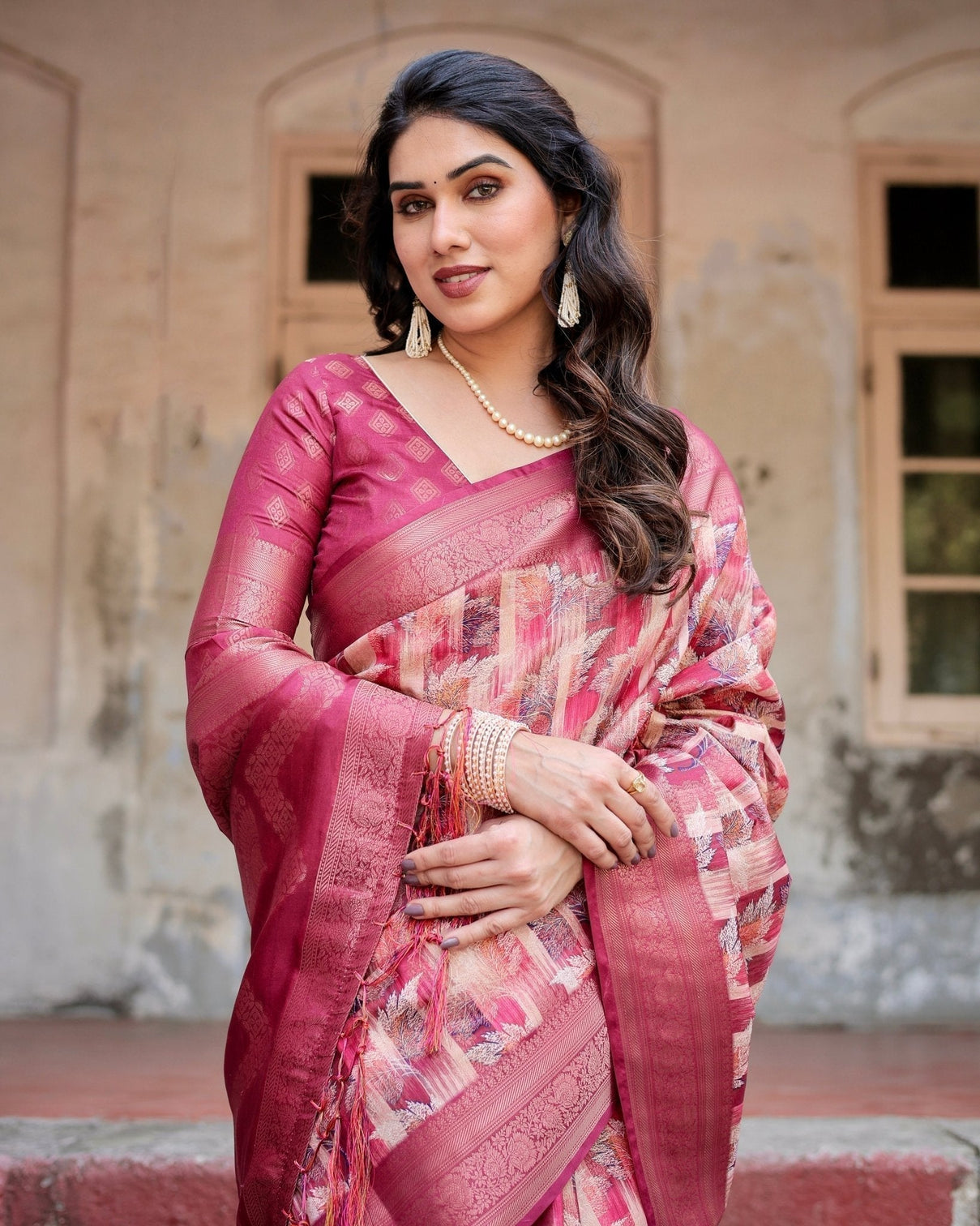 Pink and Maroon Abstract Digital Print Banarasi Silk Saree with Zari Weave and Tassel-Embellished Pallu
