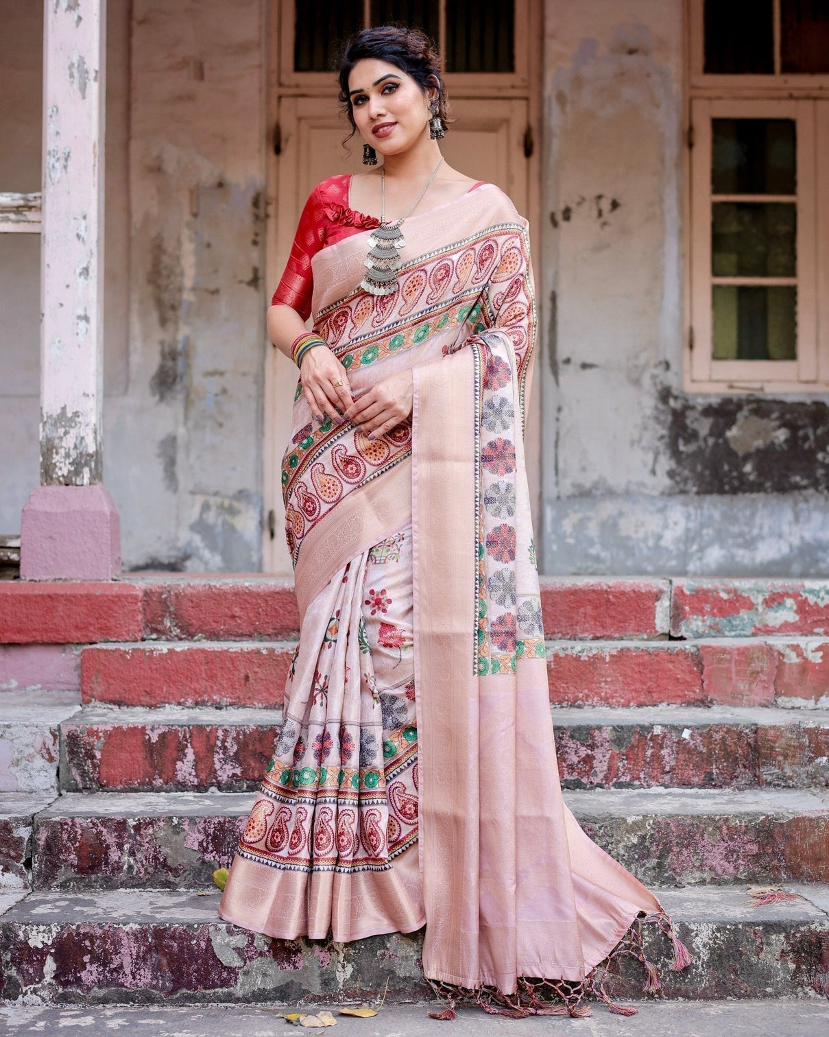 Peach Banarasi Silk Saree with Intricate Paisley and Floral Design
