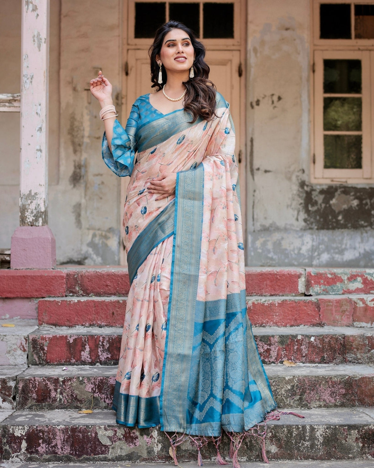 Peach and Teal Floral Digital Print Banarasi Silk Saree with Zari Weave and Tassel-Adorned Pallu