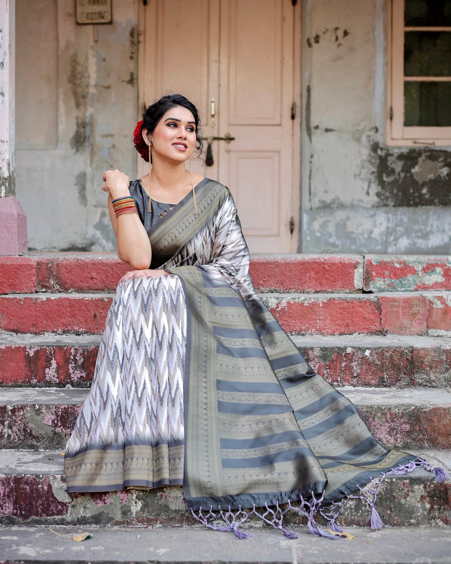 Elegant Banarasi Silk Saree with Zari Weaving and Tassels in Shades of Grey and Black