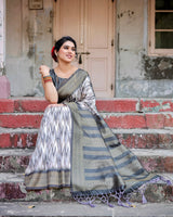 Elegant Banarasi Silk Saree with Zari Weaving and Tassels in Shades of Grey and Black