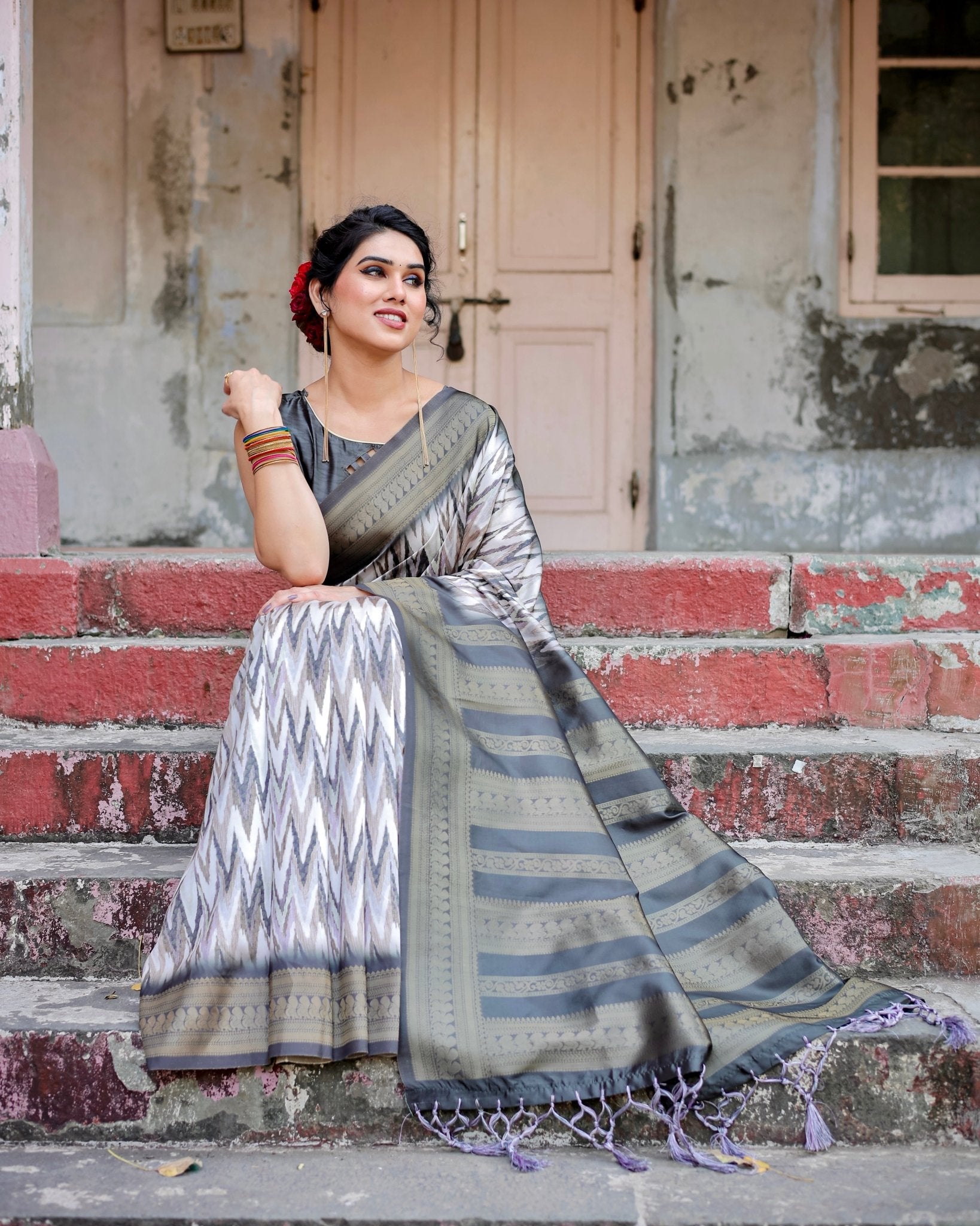 Elegant Banarasi Silk Saree with Zari Weaving and Tassels in Shades of Grey and Black