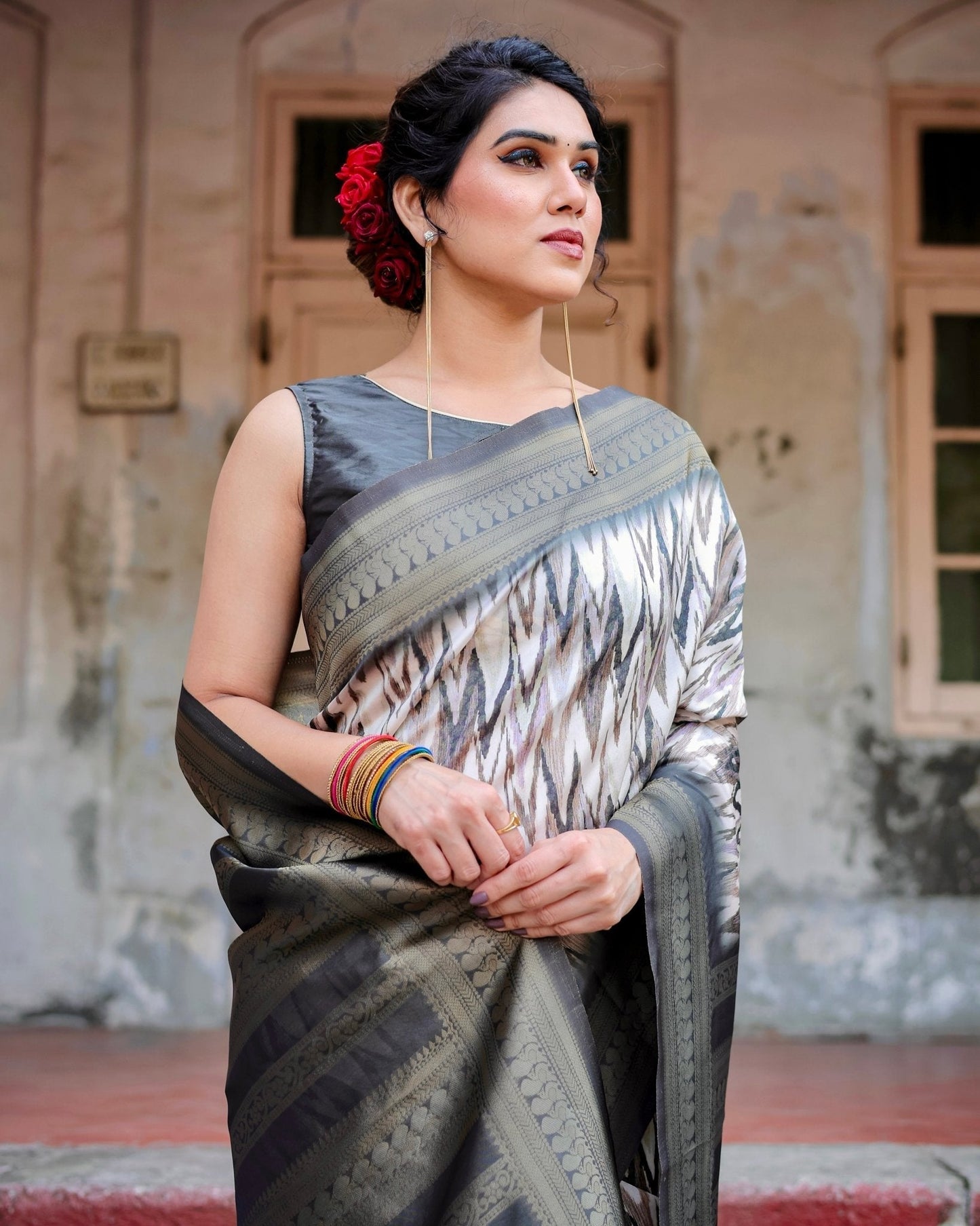 Elegant Banarasi Silk Saree with Zari Weaving and Tassels in Shades of Grey and Black