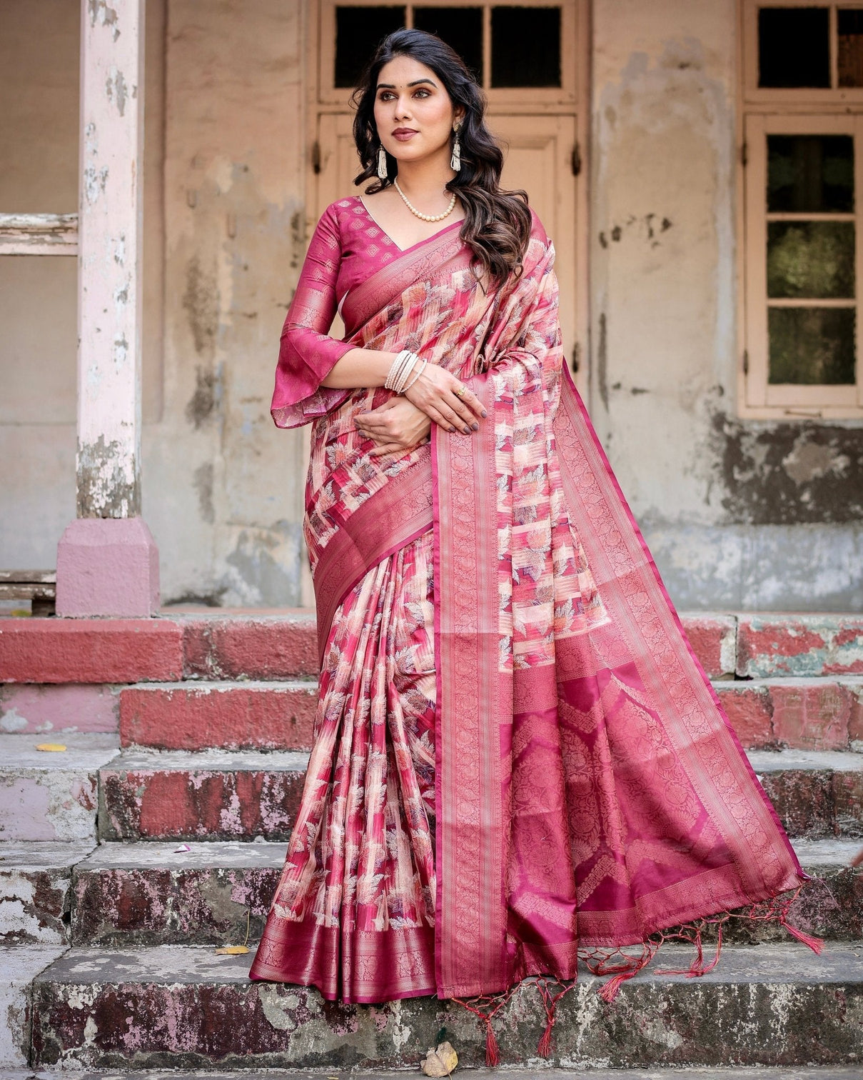 Pink and Maroon Abstract Digital Print Banarasi Silk Saree with Zari Weave and Tassel-Embellished Pallu