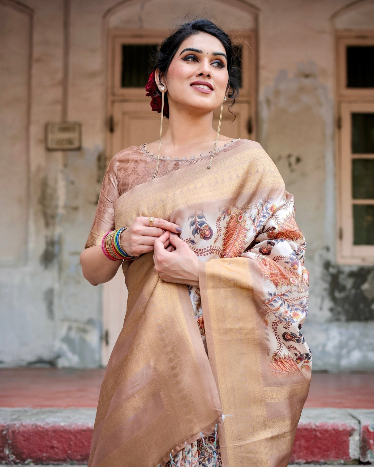 Elegant Beige Floral Banarasi Silk Saree with Zari Weave and Tassels