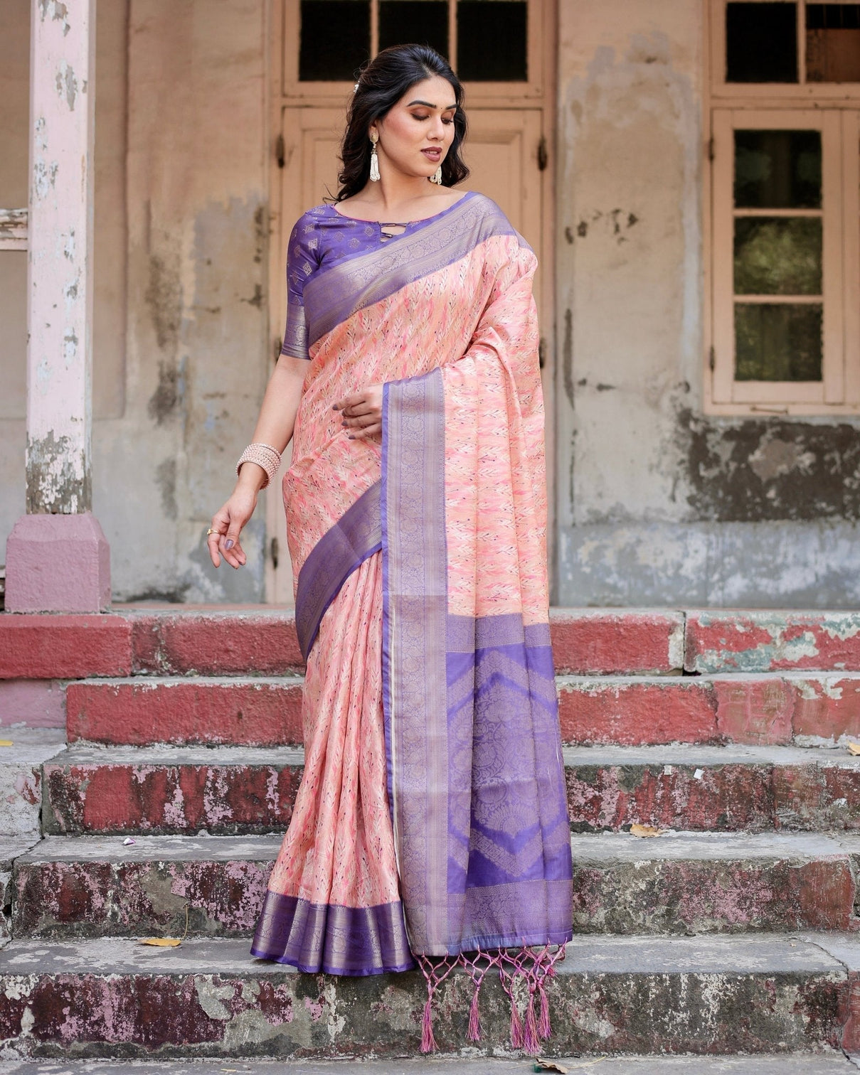 Peach and Purple Floral Digital Print Banarasi Silk Saree with Zari Weave and Tassel-Adorned Pallu
