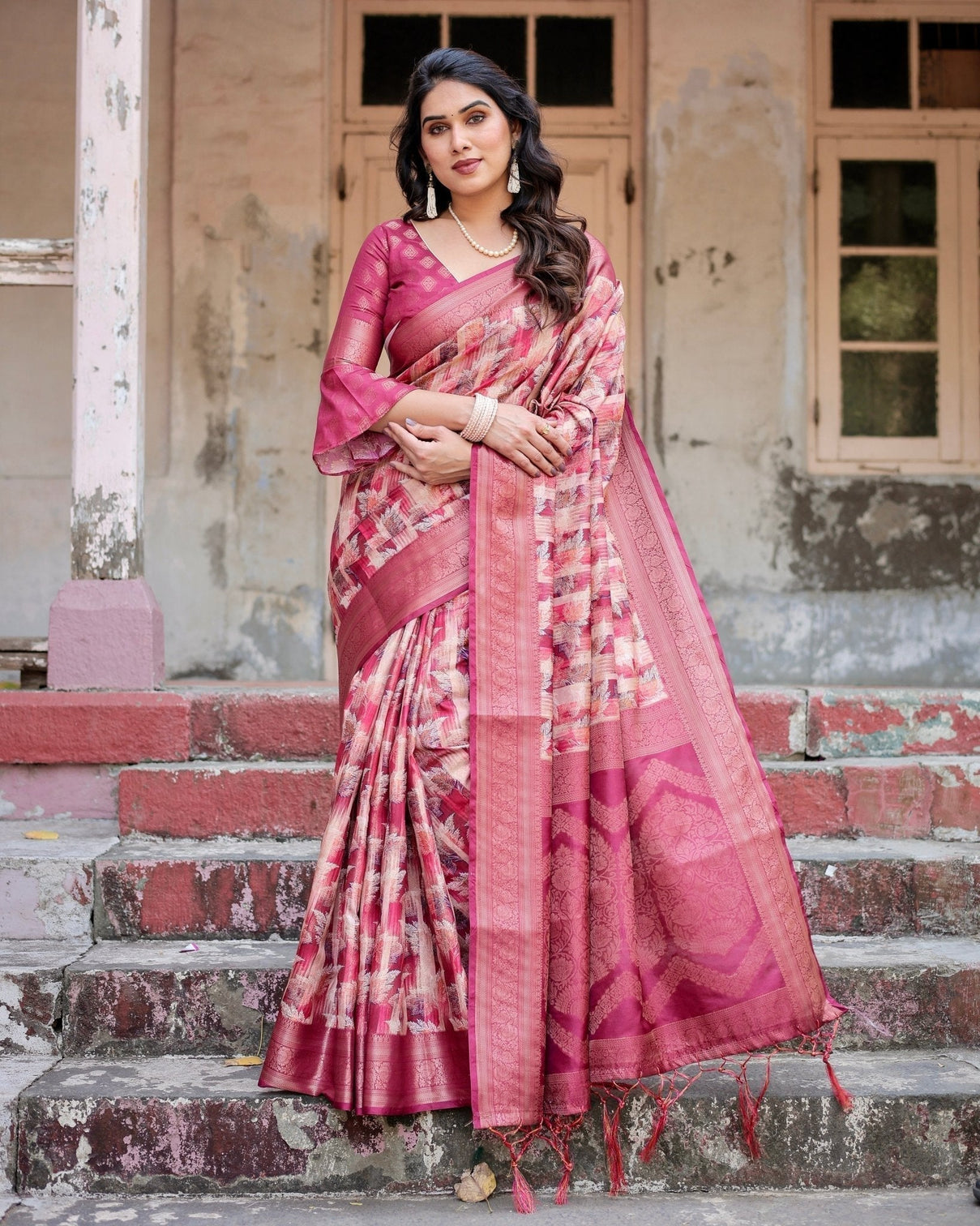 Pink and Maroon Abstract Digital Print Banarasi Silk Saree with Zari Weave and Tassel-Embellished Pallu