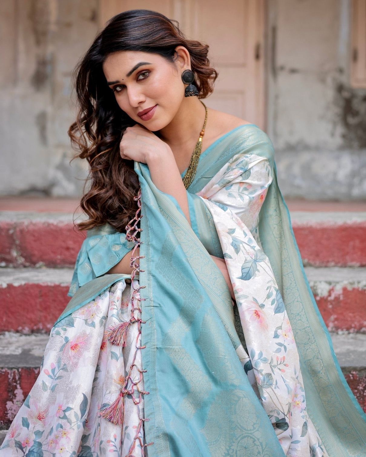 White and Aqua Floral Digital Print Banarasi Silk Saree with Zari Weave and Tassel-Adorned Pallu
