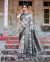 Elegant Banarasi Silk Saree with Zari Weaving and Tassels in Shades of Grey and Black