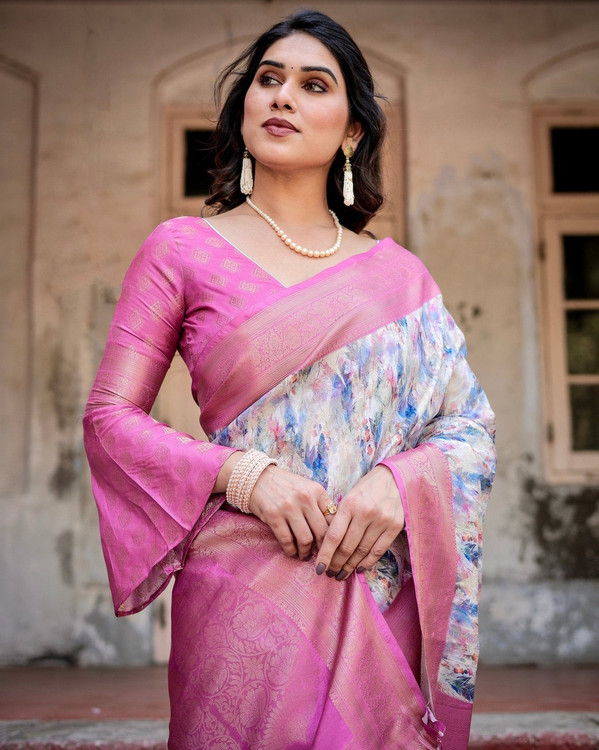 White and Pink Floral Digital Print Banarasi Silk Saree with Zari Weave and Tassel-Embellished Pallu
