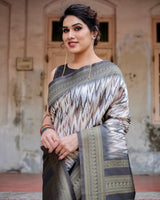 Elegant Banarasi Silk Saree with Zari Weaving and Tassels in Shades of Grey and Black