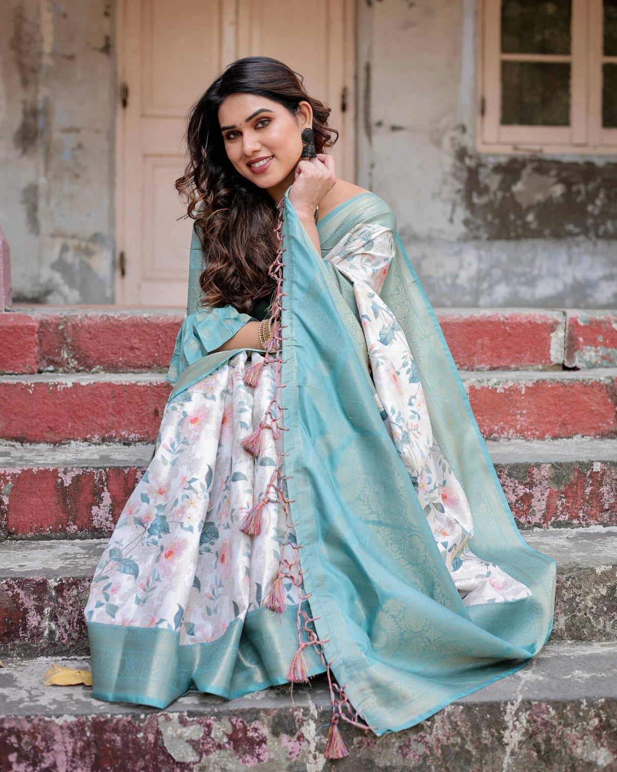 White and Aqua Floral Digital Print Banarasi Silk Saree with Zari Weave and Tassel-Adorned Pallu