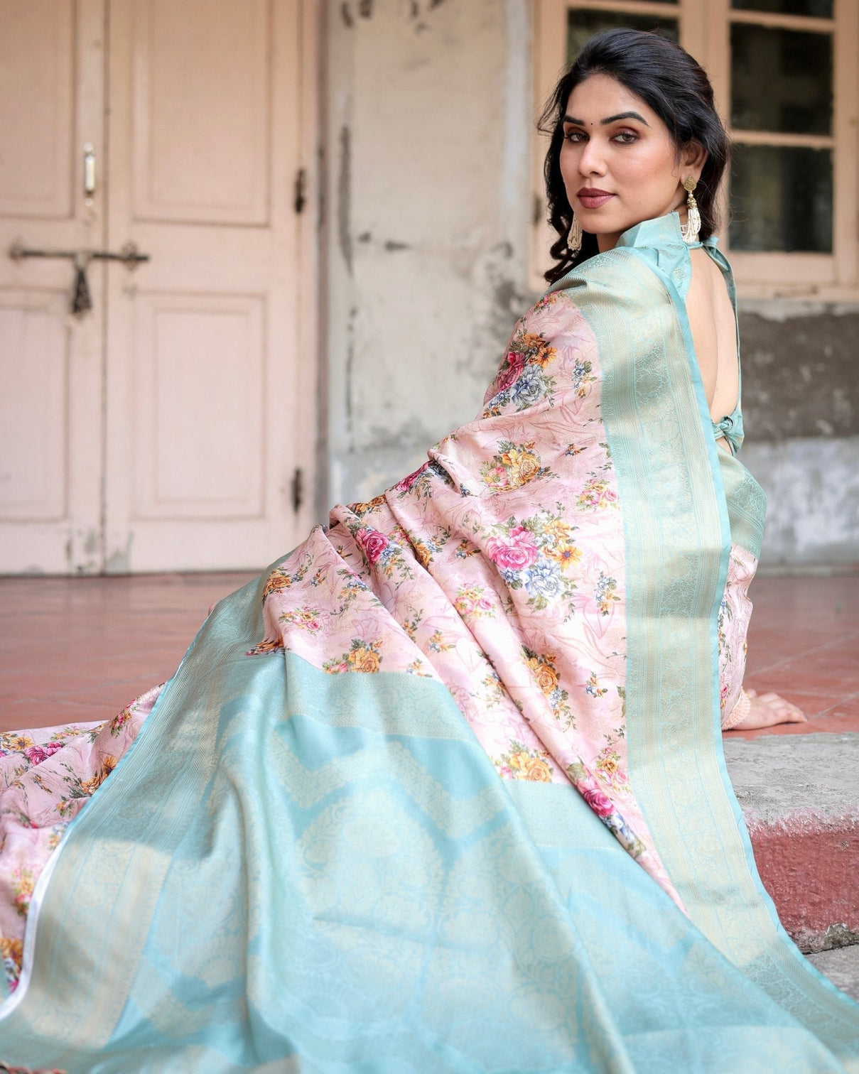 Pink and Green Floral Digital Print Banarasi Silk Saree with Zari Weave and Tassel Pallu