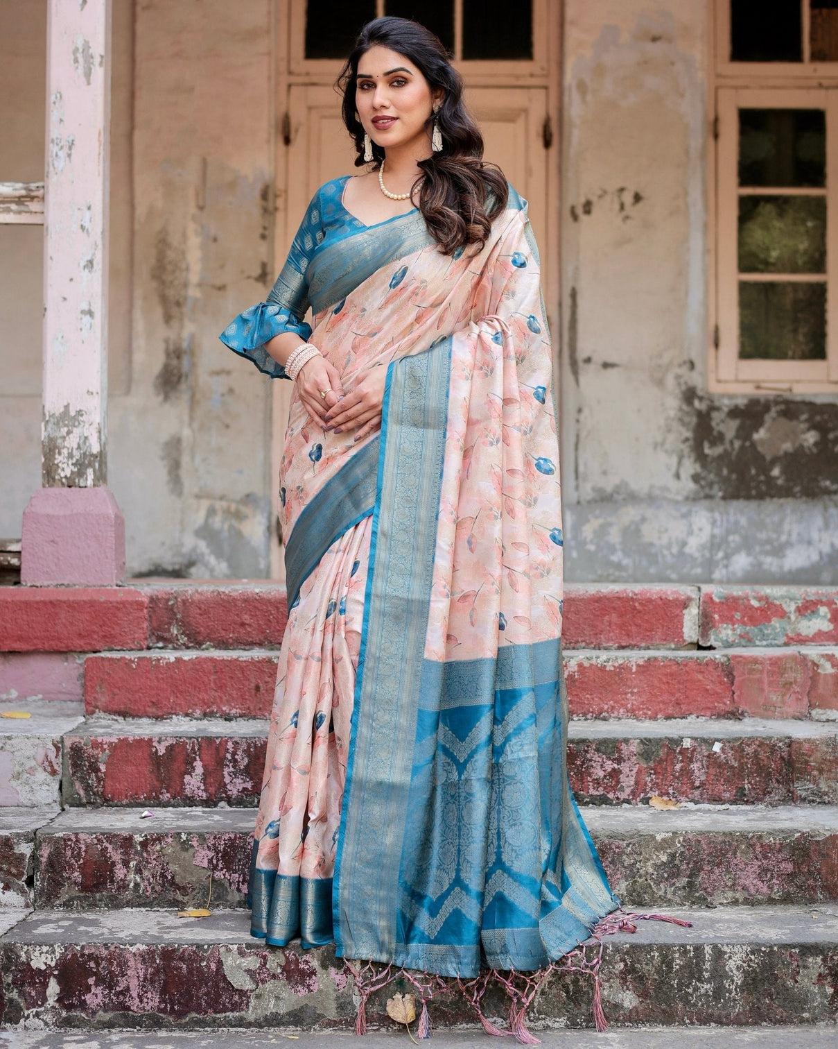 Peach and Teal Floral Digital Print Banarasi Silk Saree with Zari Weave and Tassel-Adorned Pallu