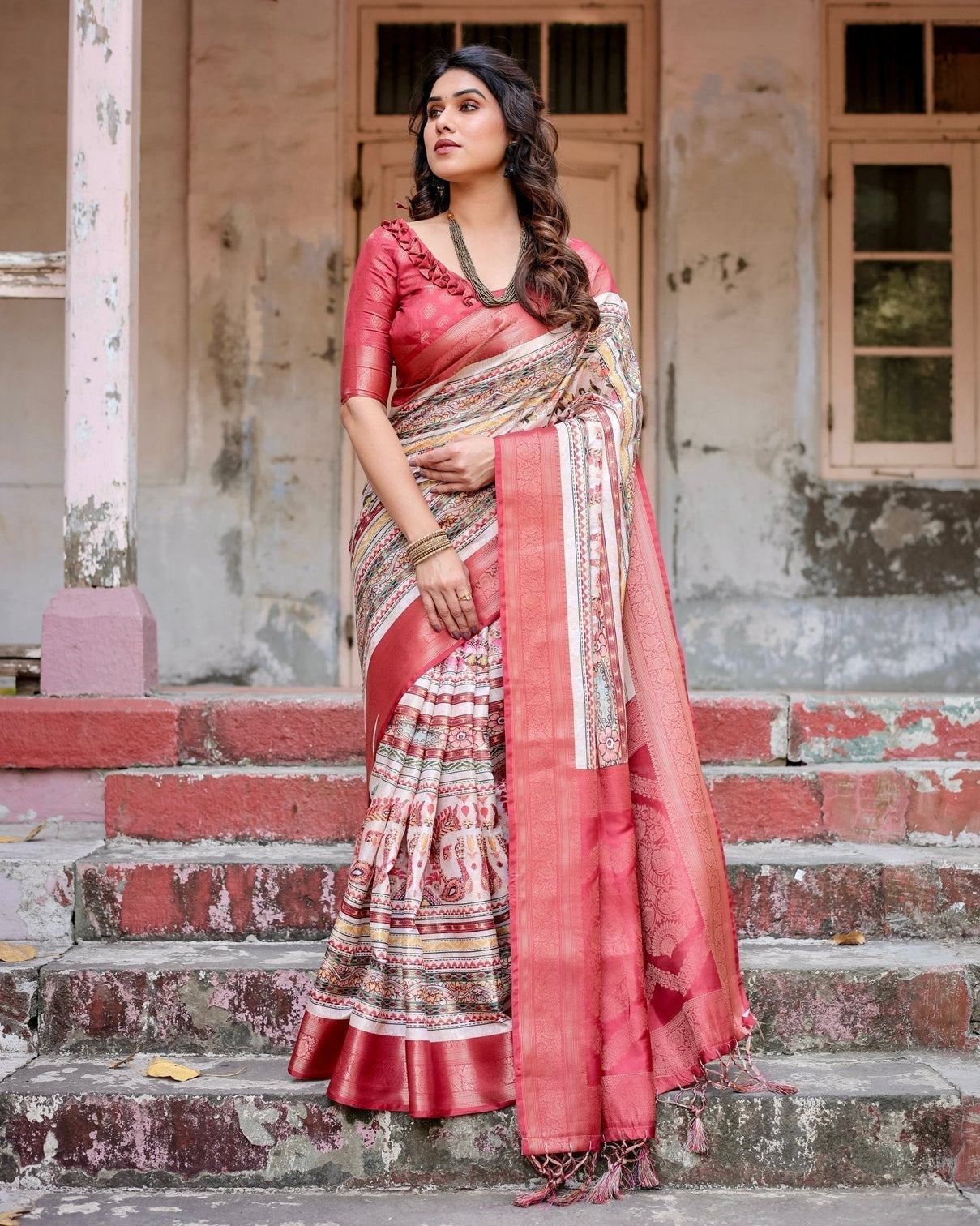 Red and Multicolor Digital Print Banarasi Silk Saree with Zari Weave and Tassel-Adorned Pallu