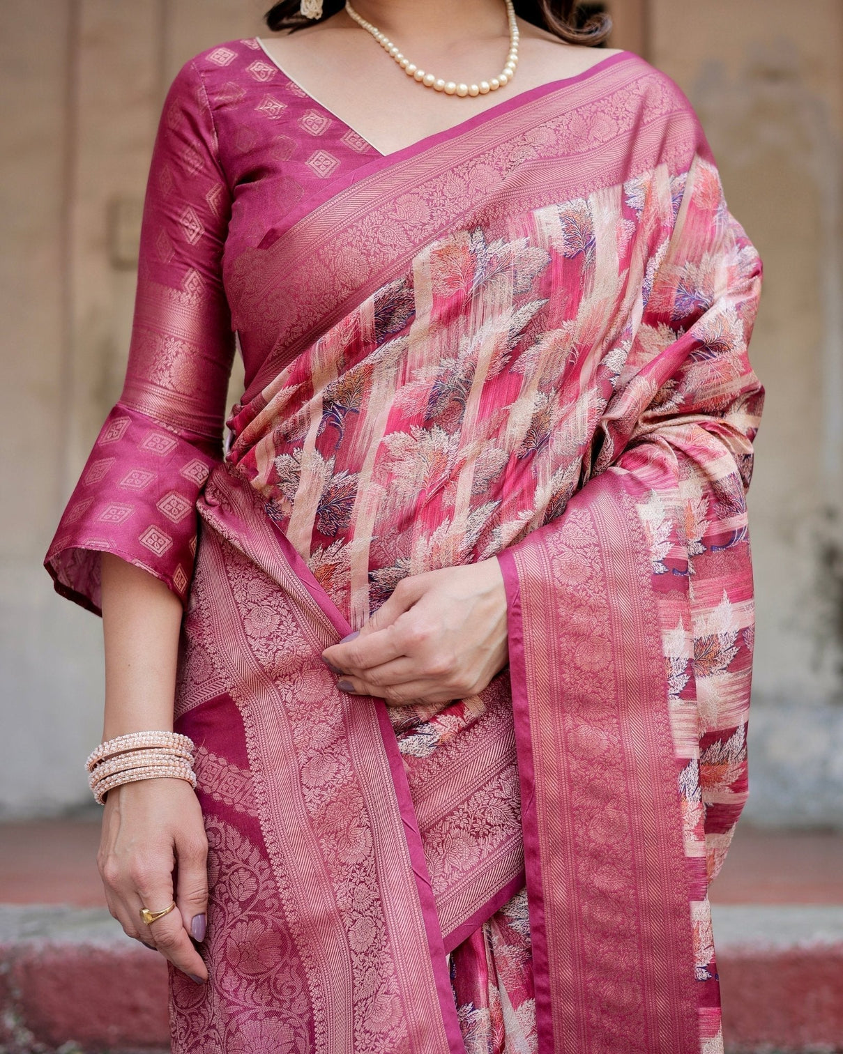 Pink and Maroon Abstract Digital Print Banarasi Silk Saree with Zari Weave and Tassel-Embellished Pallu