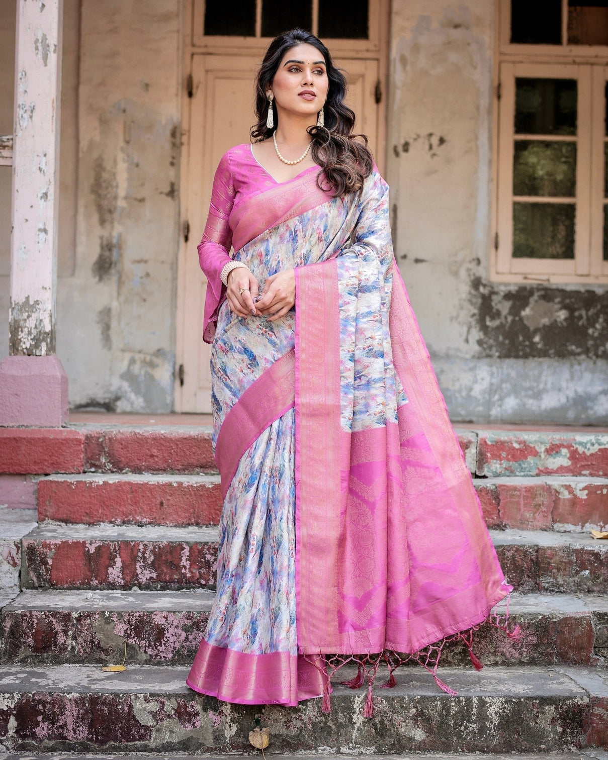 White and Pink Floral Digital Print Banarasi Silk Saree with Zari Weave and Tassel-Embellished Pallu