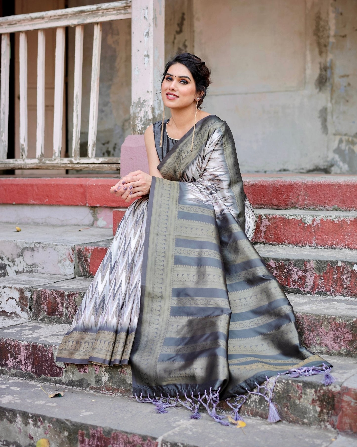 Elegant Banarasi Silk Saree with Zari Weaving and Tassels in Shades of Grey and Black