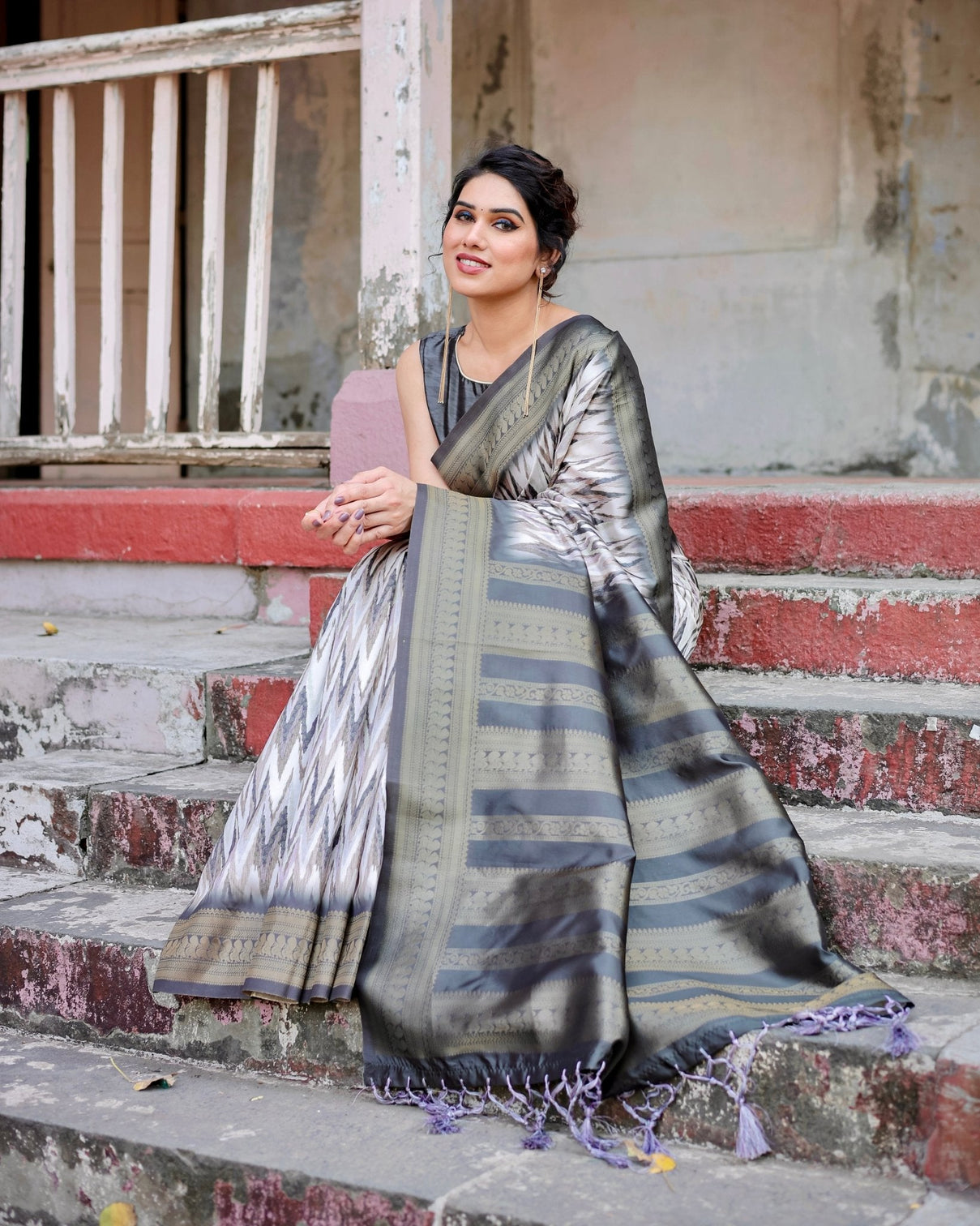 Elegant Banarasi Silk Saree with Zari Weaving and Tassels in Shades of Grey and Black