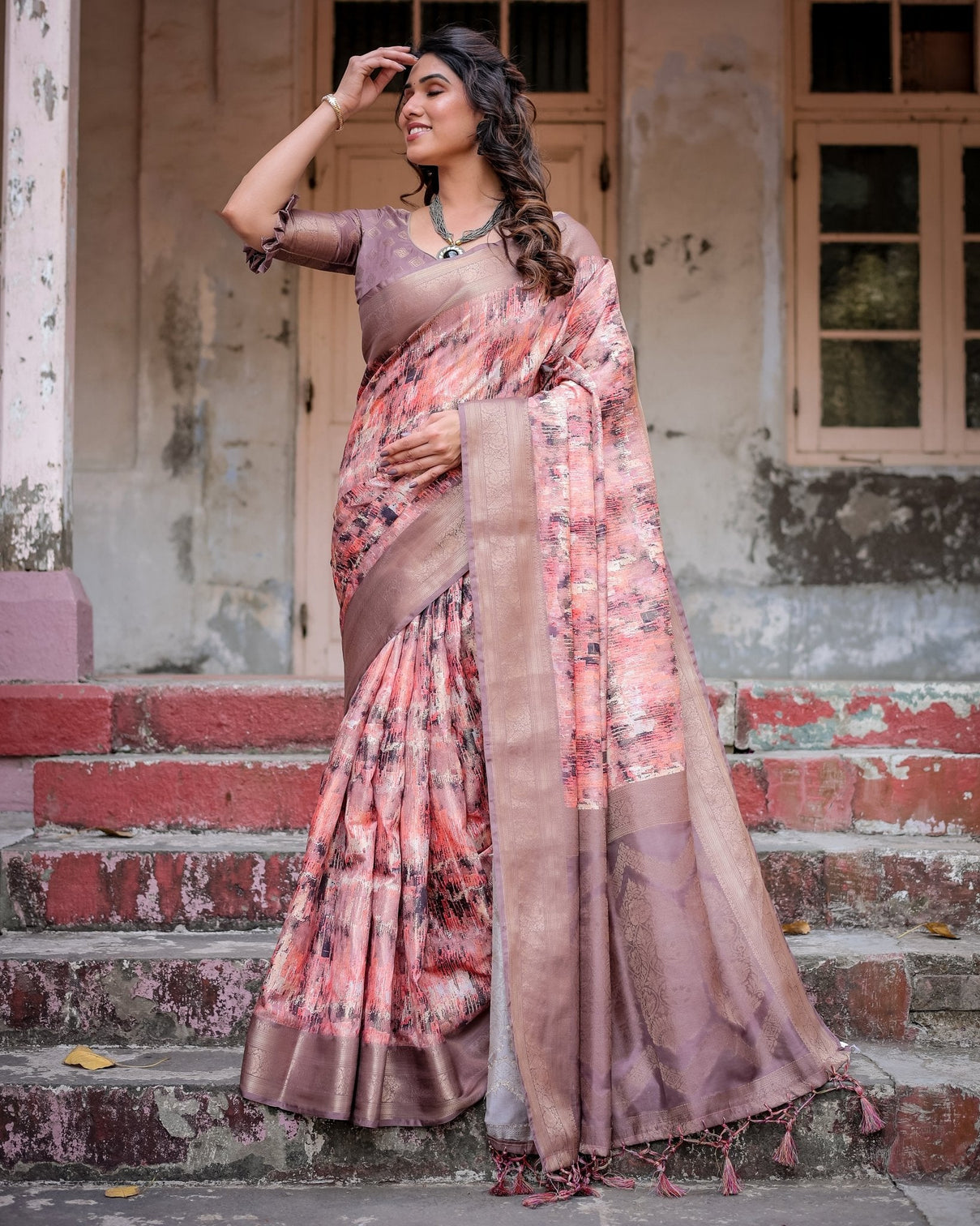 Peach and Brown Abstract Design Banarasi Silk Saree with Zari Weave and Tassel-Embellished Pallu