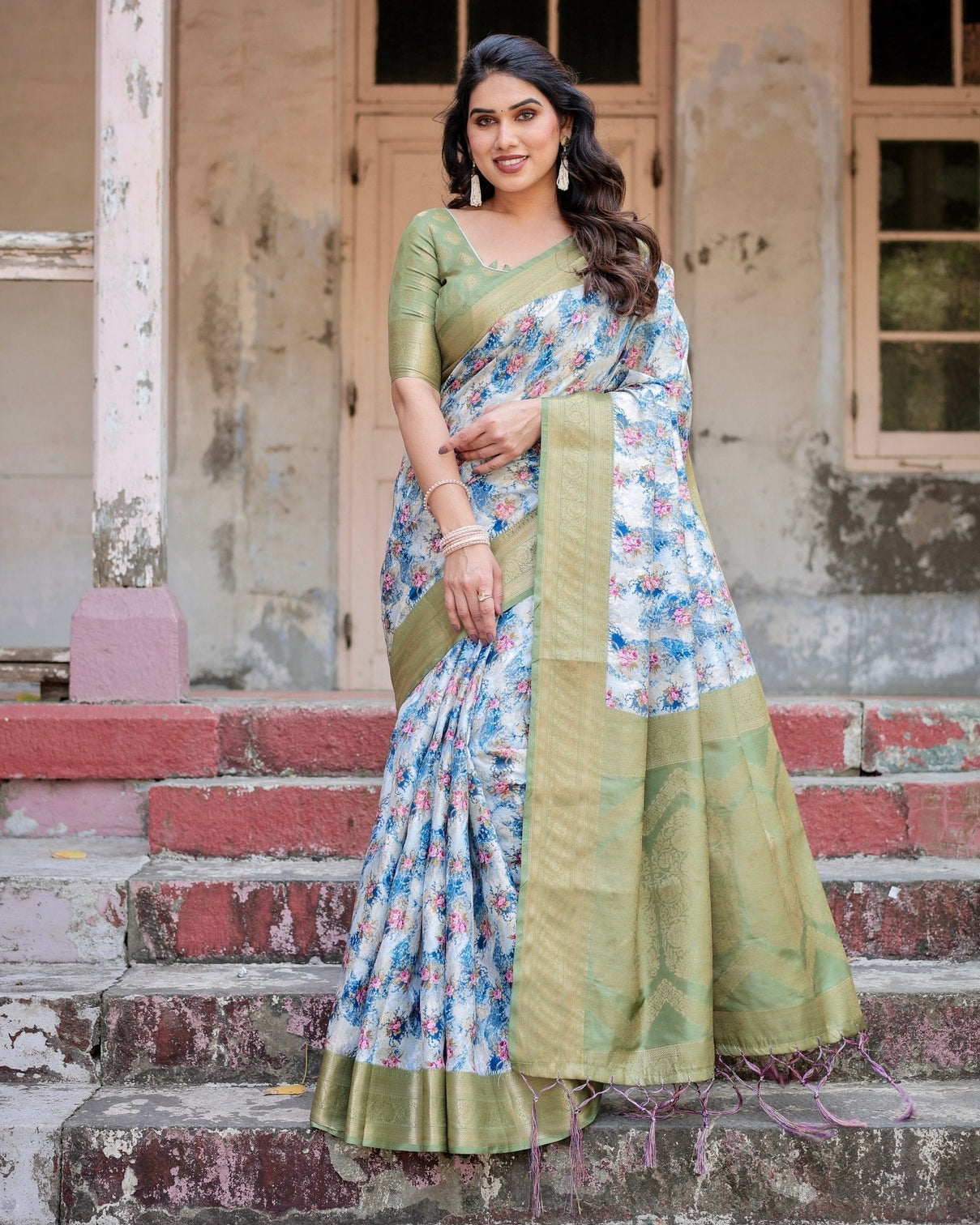 Blue and Green Floral Digital Print Banarasi Silk Saree with Zari Weave and Tassel-Embellished Pallu