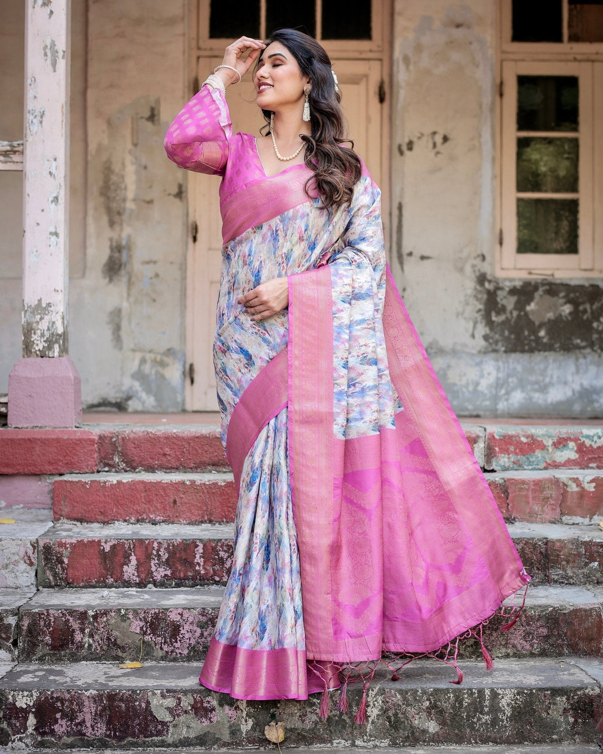 White and Pink Floral Digital Print Banarasi Silk Saree with Zari Weave and Tassel-Embellished Pallu