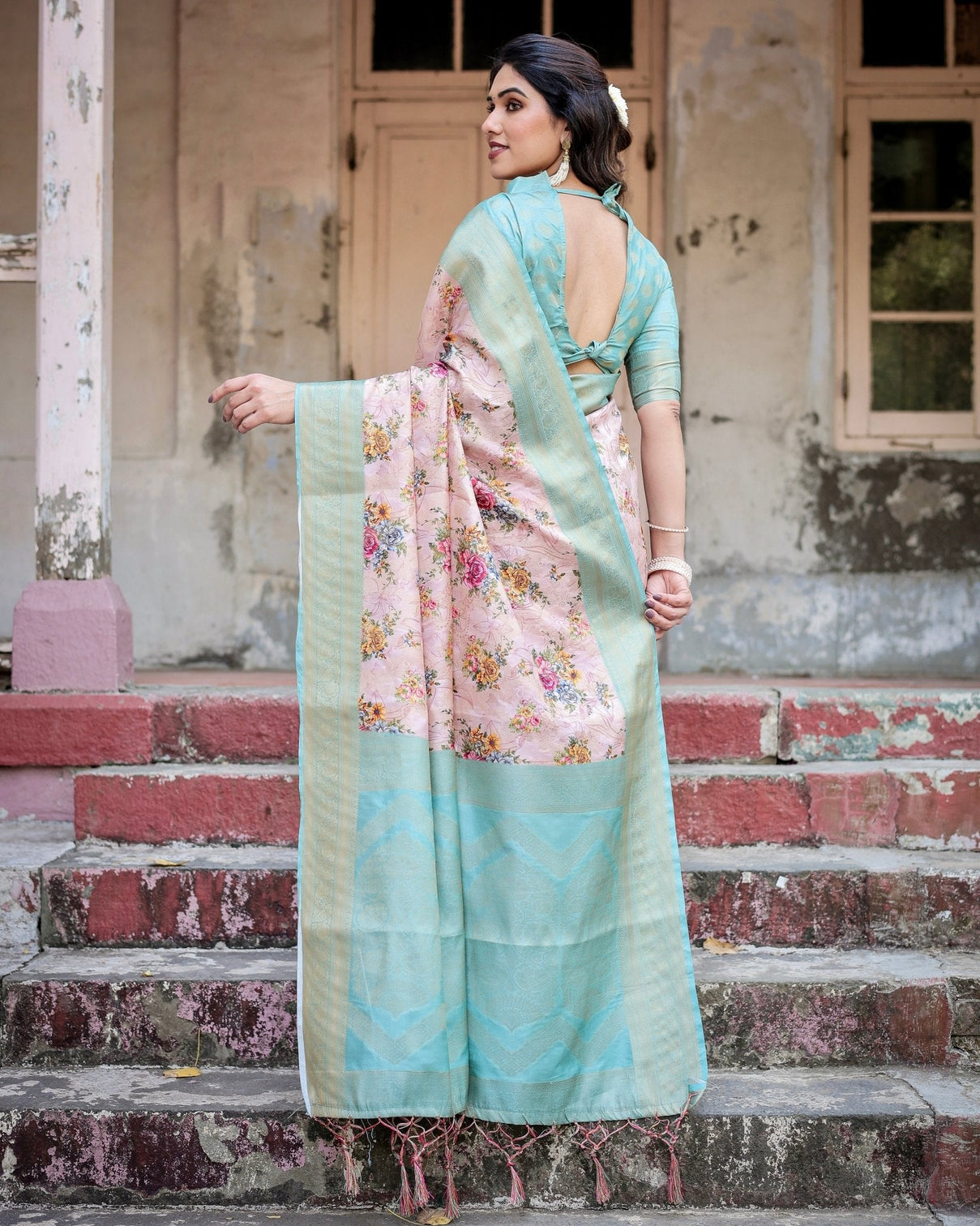 Pink and Green Floral Digital Print Banarasi Silk Saree with Zari Weave and Tassel Pallu