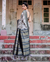 Elegant Banarasi Silk Saree with Zari Weaving and Tassels in Shades of Grey and Black