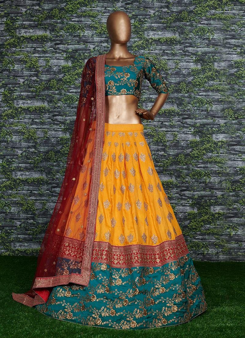 Pure Chennai Silk Yellow And Teal Green Lehenga Choli