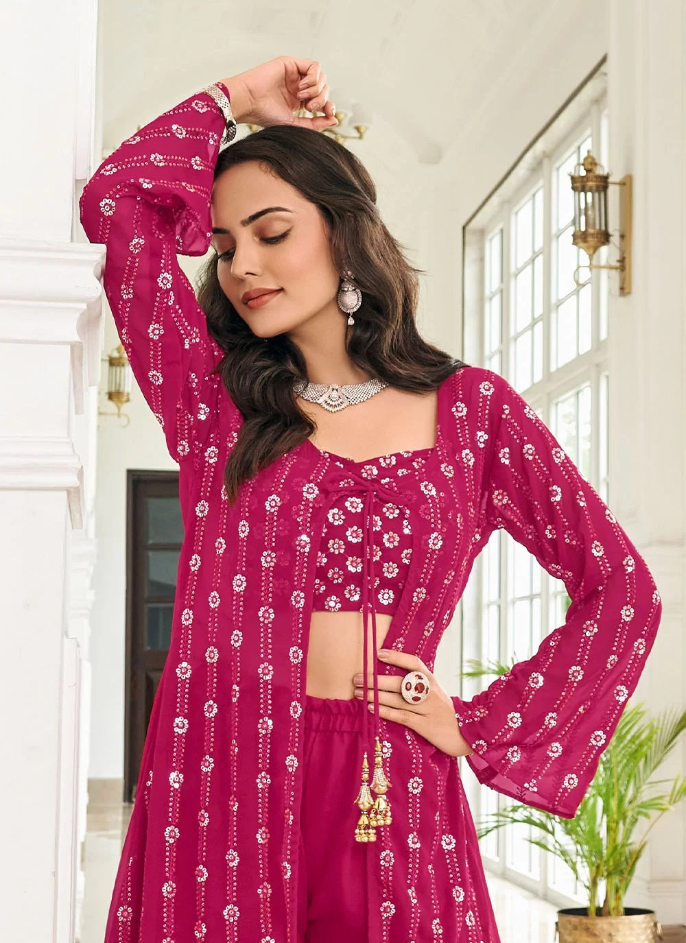 Pure faux georgette embroidered jacket style palazzo suit in pink