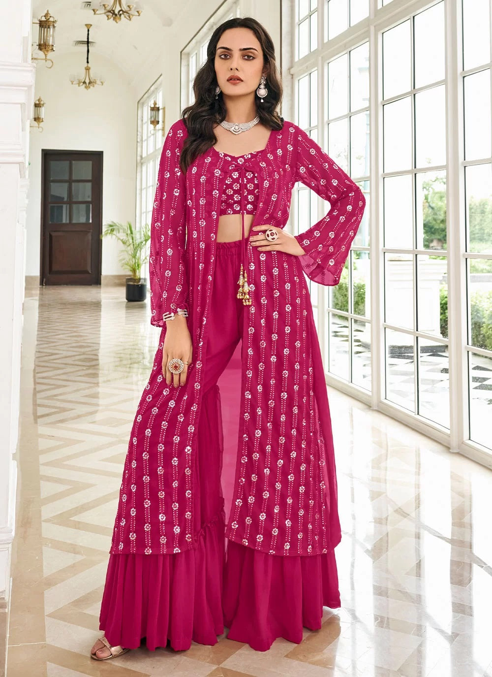 Pure faux georgette embroidered jacket style palazzo suit in pink