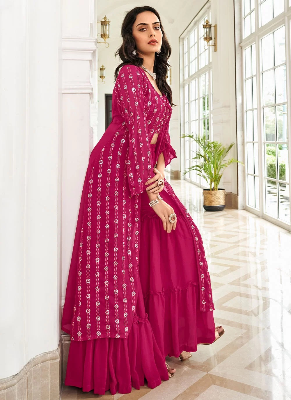 Pure faux georgette embroidered jacket style palazzo suit in pink