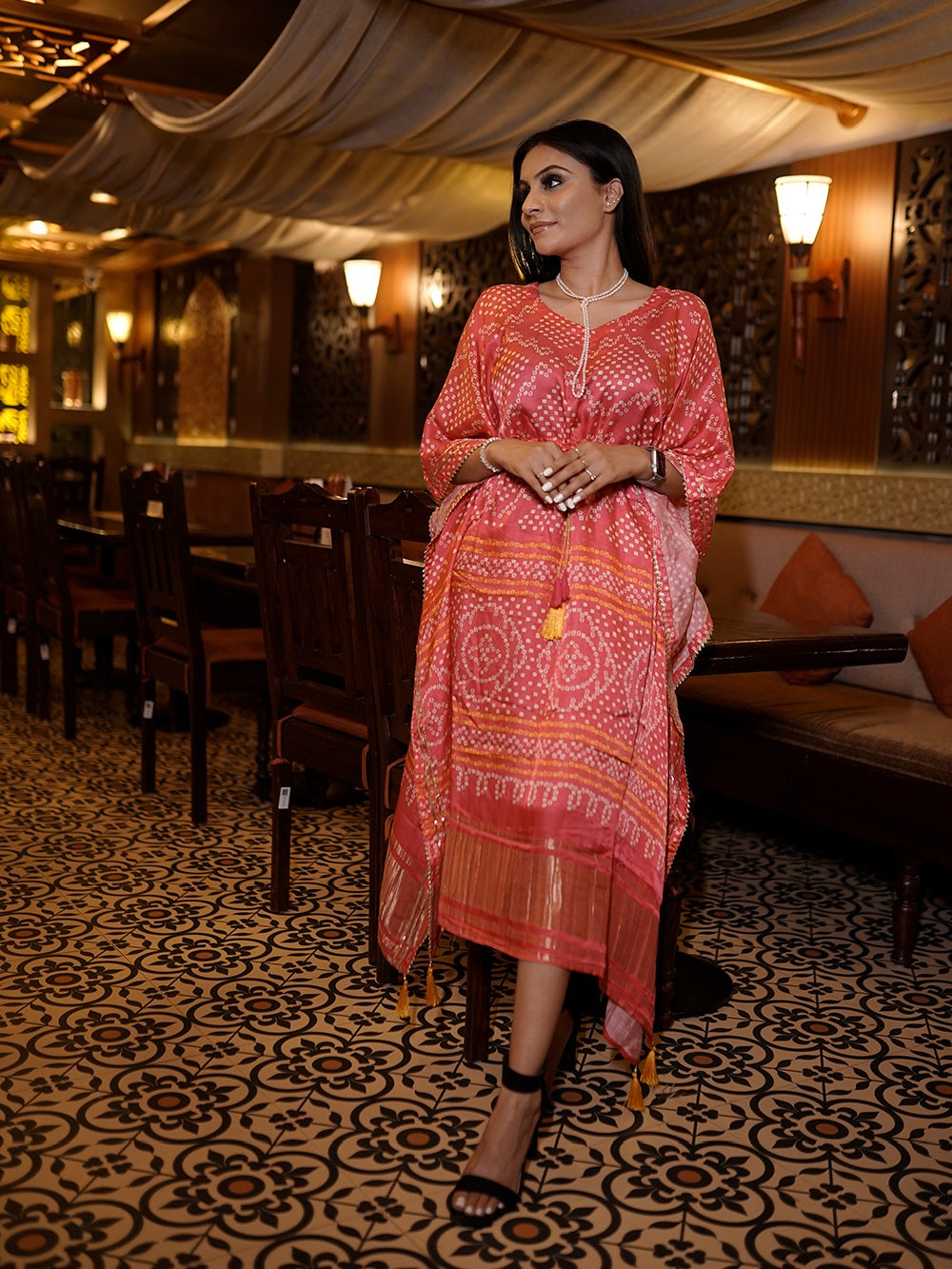 Pink Color Bandhani Printed Pure Gaji Silk Kaftan